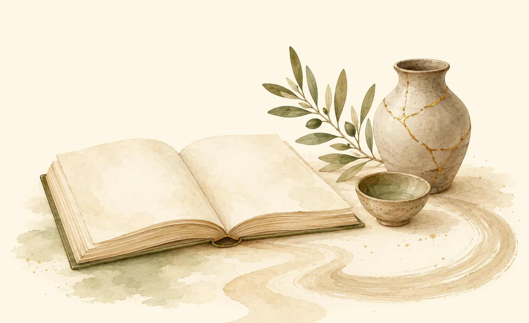 An open book, repaired vessel, bowl, branch, and quiet path motif.