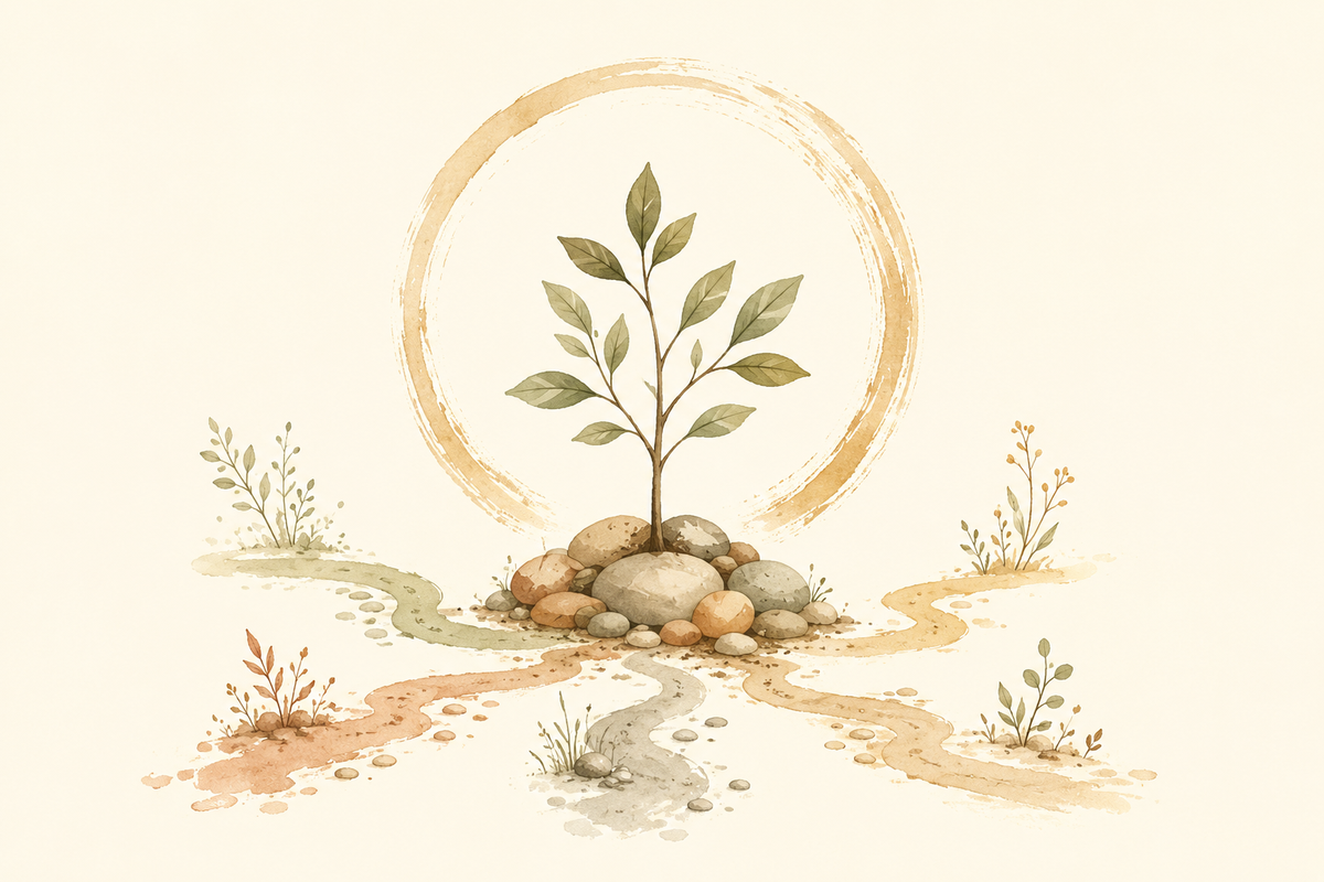 A sapling growing from stones with an imperfect circle behind it.