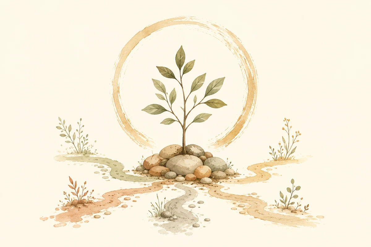 A sapling growing from stones with an imperfect circle behind it.