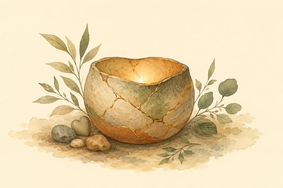 A repaired bowl holding a small warm light.
