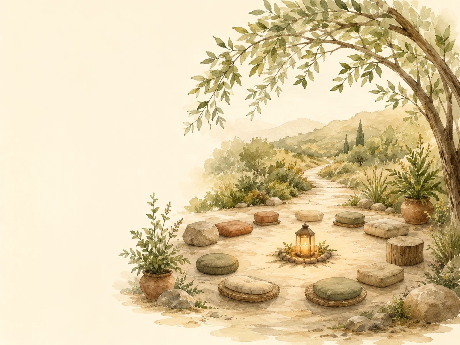 Watercolor illustration of a quiet outdoor practice circle with cushions, lantern light, leafy branches, and a path.