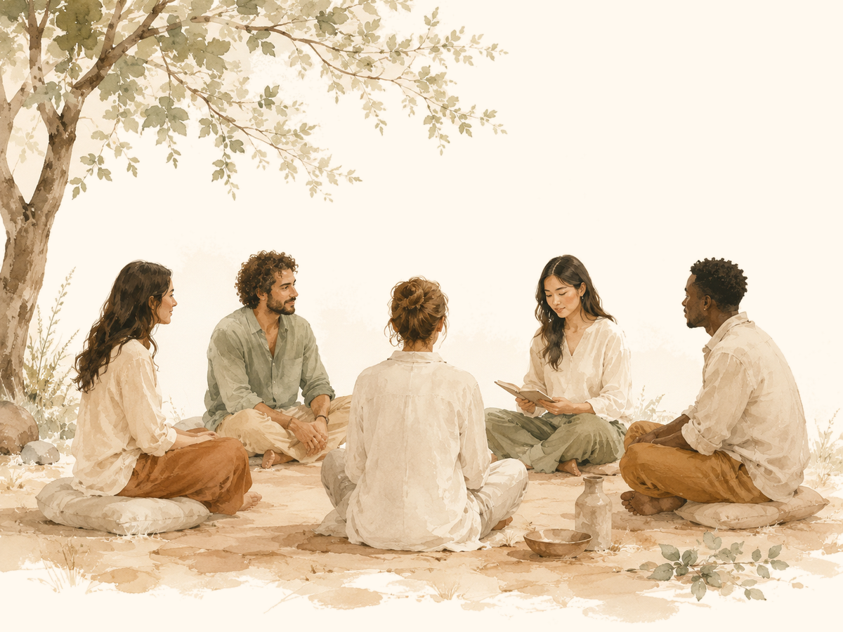 Warm illustration of people gathered in a calm circle under a tree