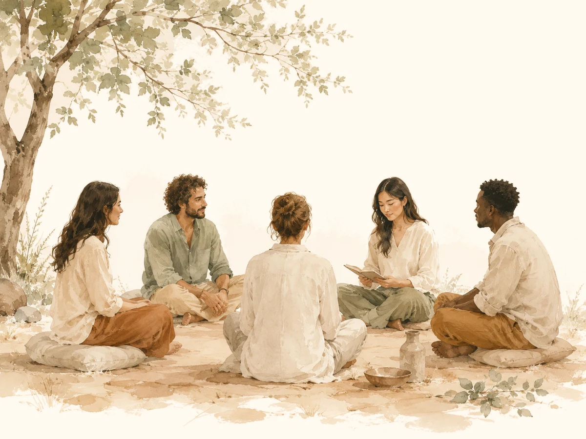 Warm illustration of people gathered in a calm circle under a tree