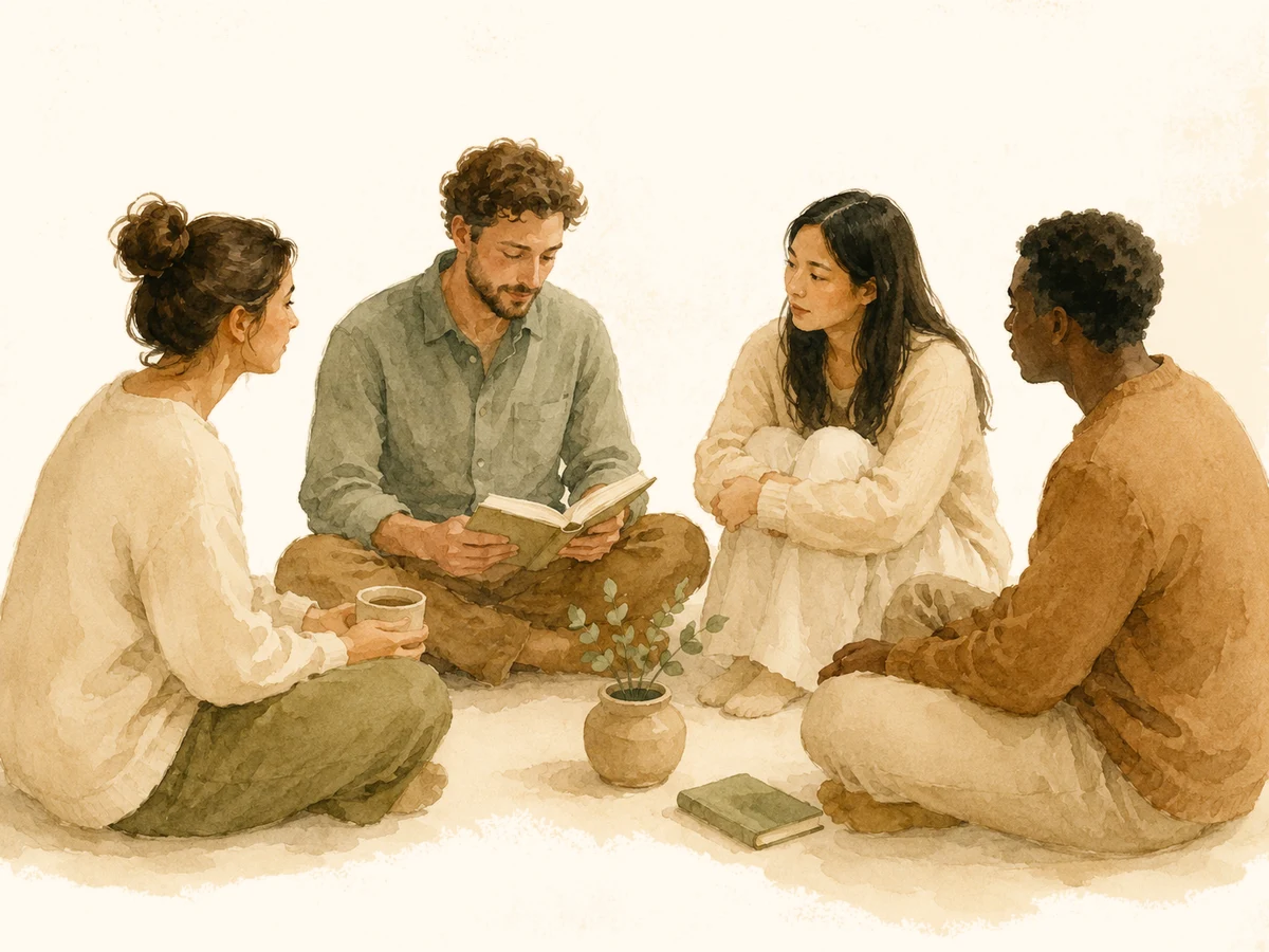 Gentle illustration of people in calm conversation