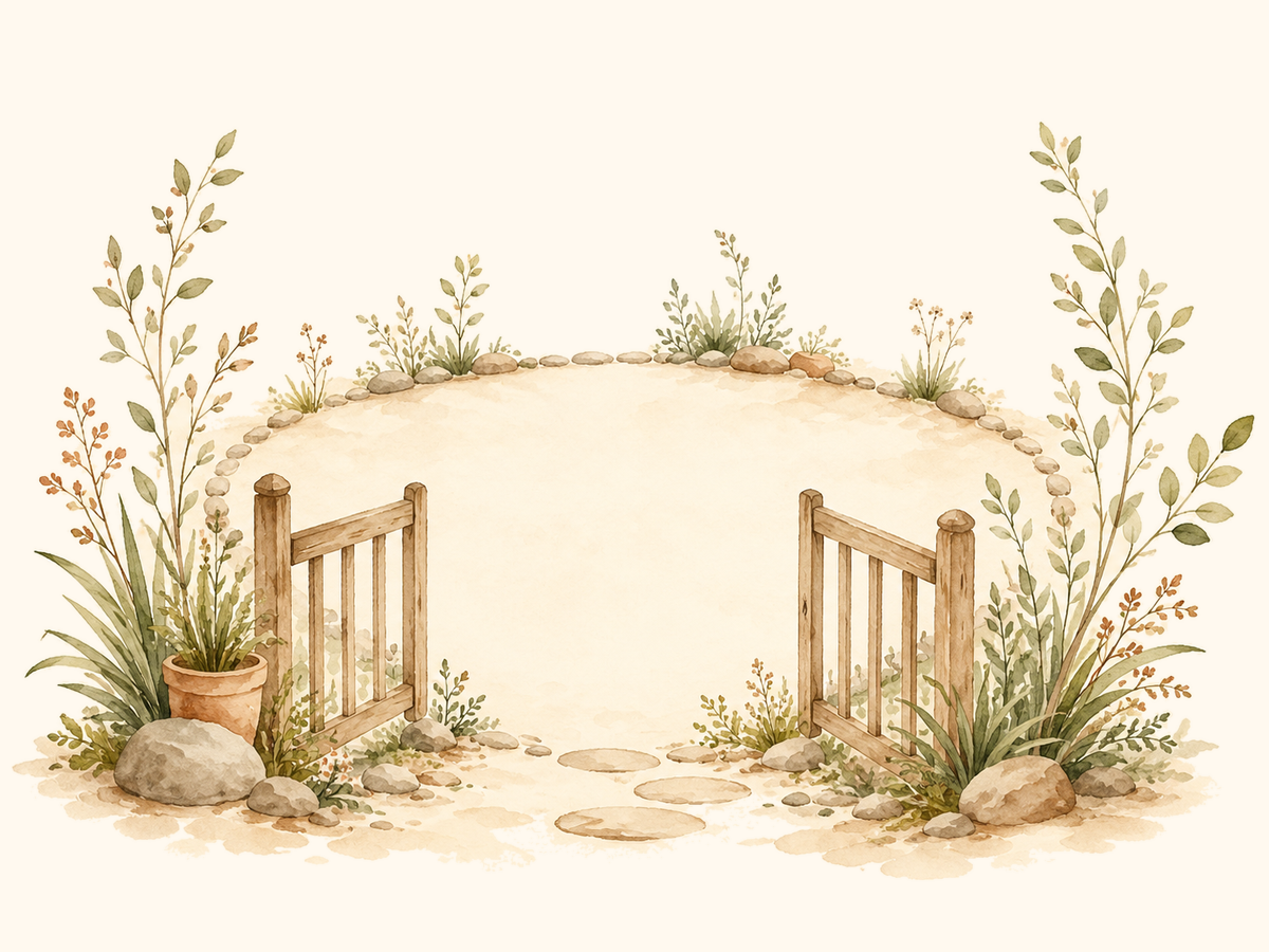 Quiet garden threshold illustration representing boundaries and care