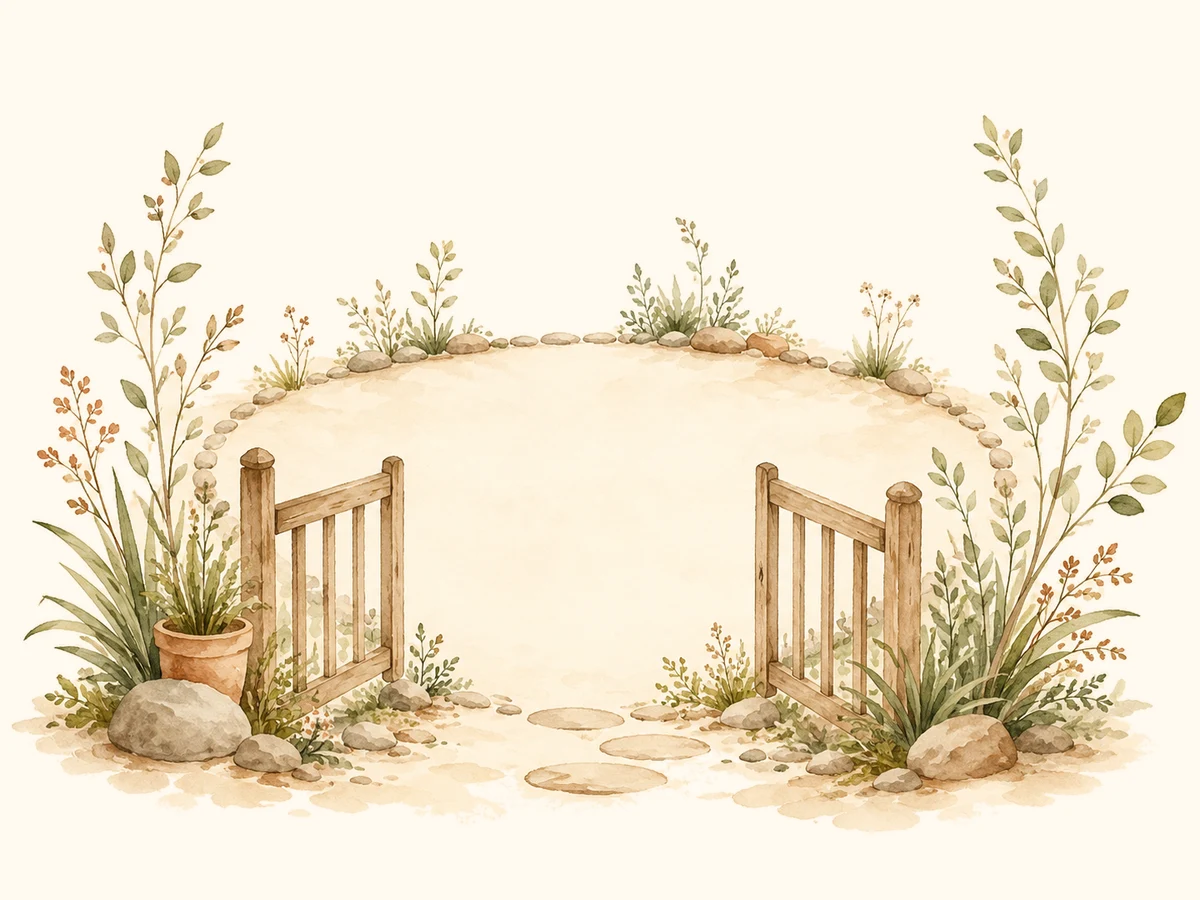 Quiet garden threshold illustration representing boundaries and care