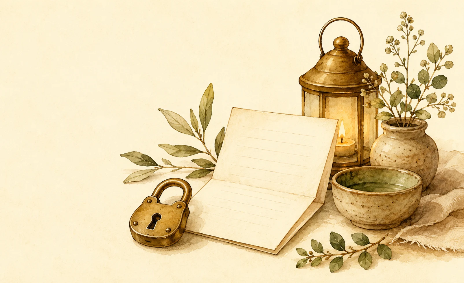 A warm lantern beside a lock and gentle leaves, symbolizing care with personal information.