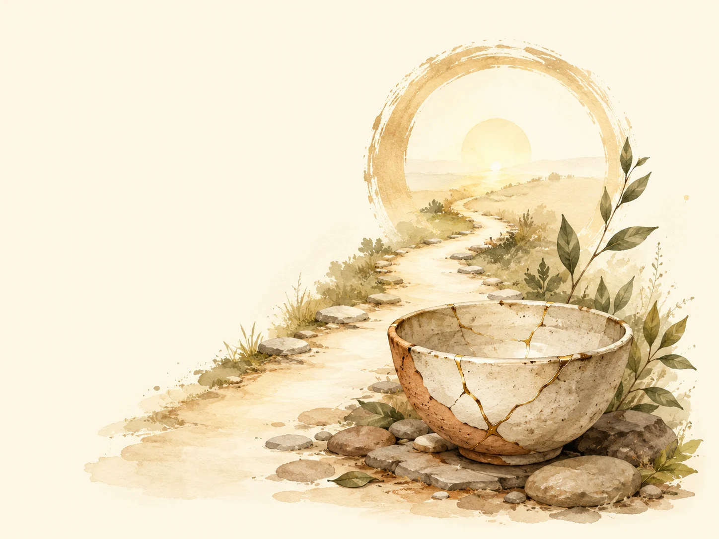 Watercolor illustration of a winding path, repaired bowl, leaves, and morning light.