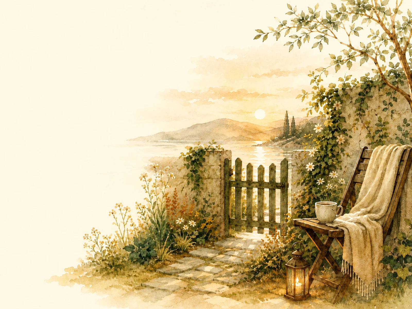 Watercolor illustration of a quiet resting place with a boundary gate and soft garden path.
