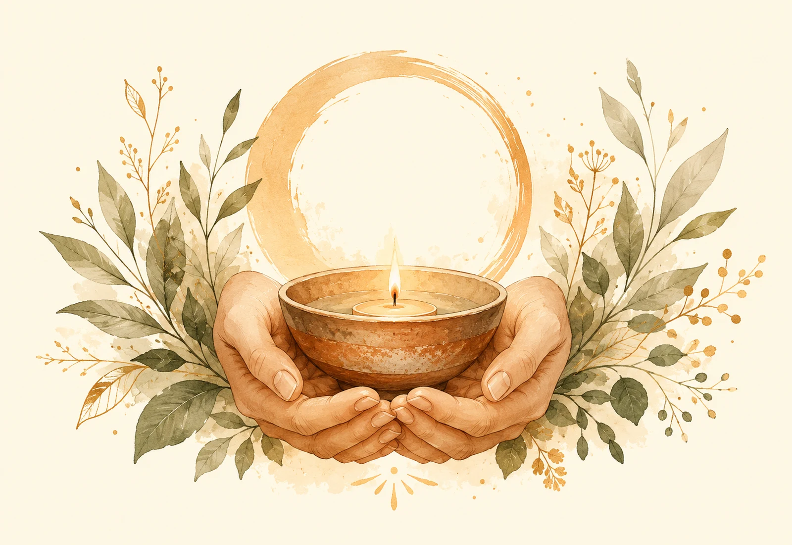 Hands holding a candle bowl with leaves and a pale circular threshold motif.