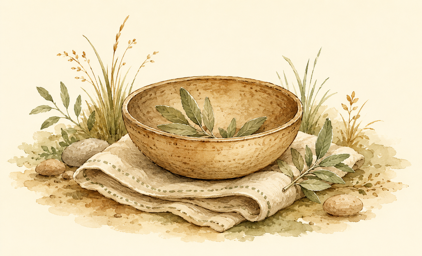 A handmade bowl resting on folded cloth with leaves.