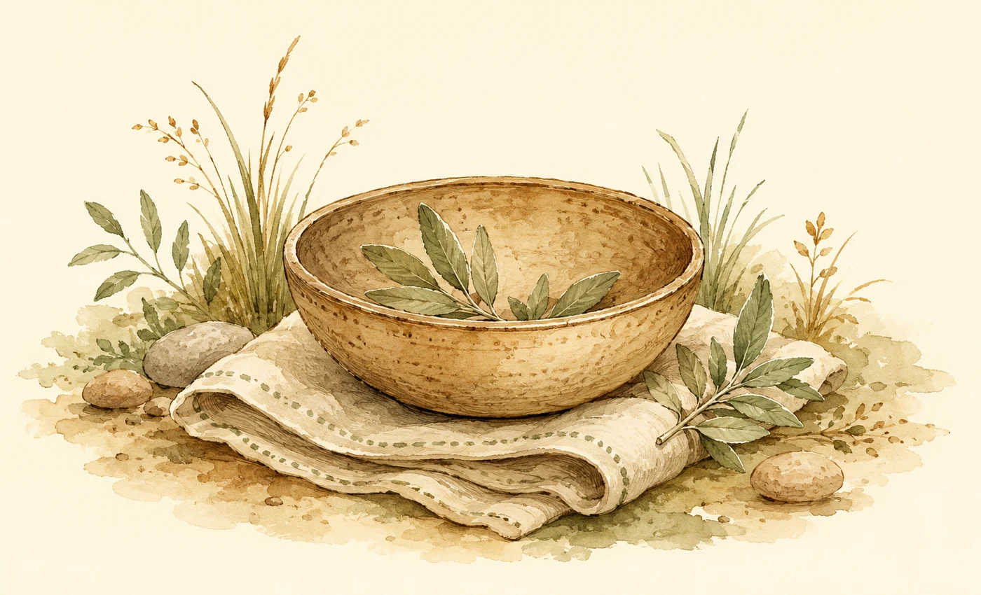 A handmade bowl resting on folded cloth with leaves.