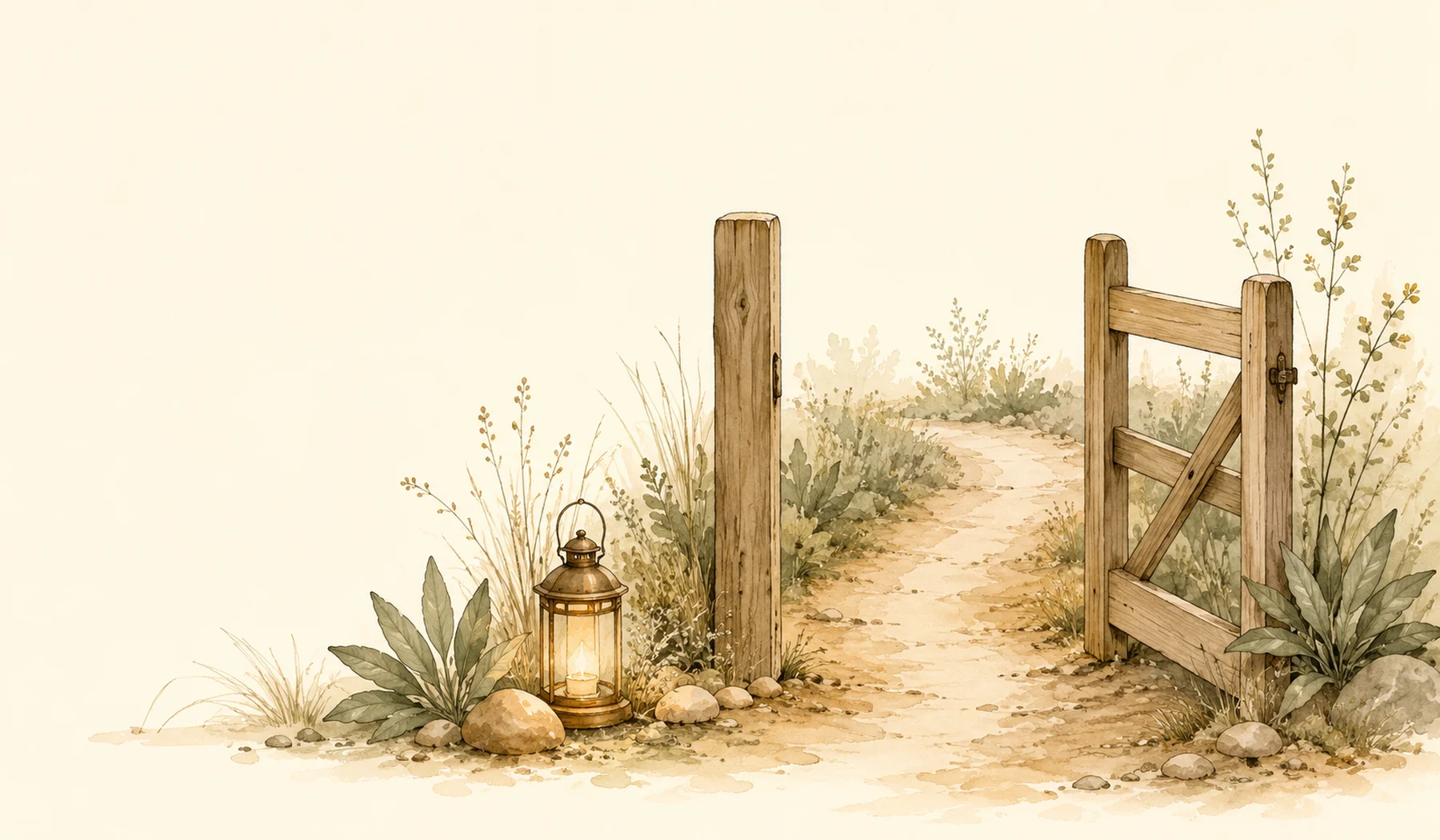 A lantern beside an open threshold gate and quiet path.