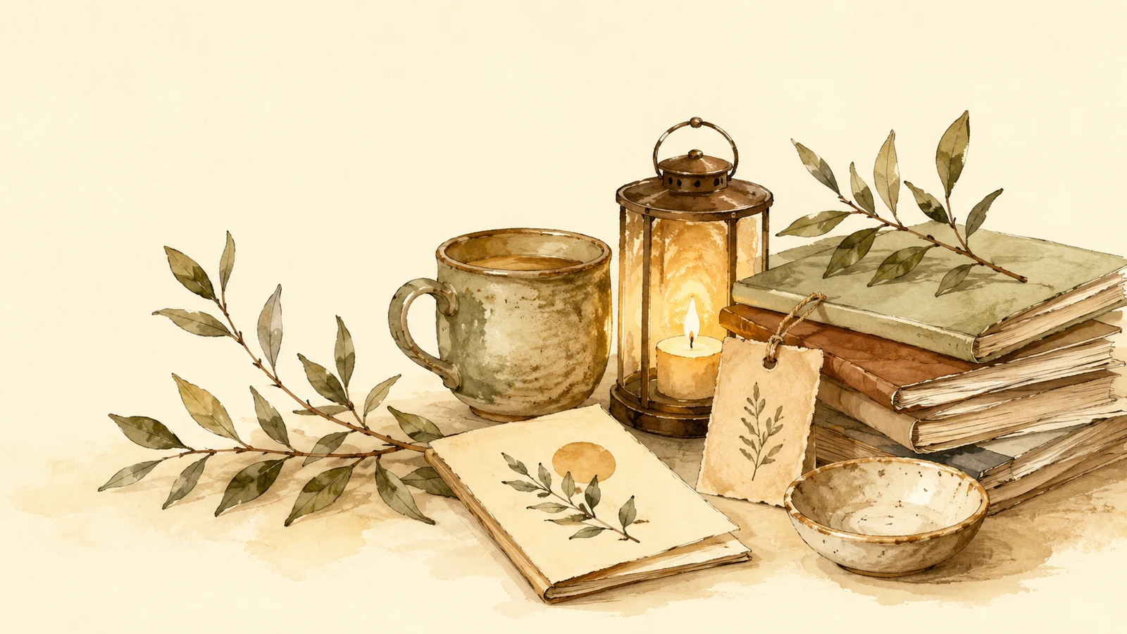 A warm still life of books, cards, a candle, and botanical leaves.