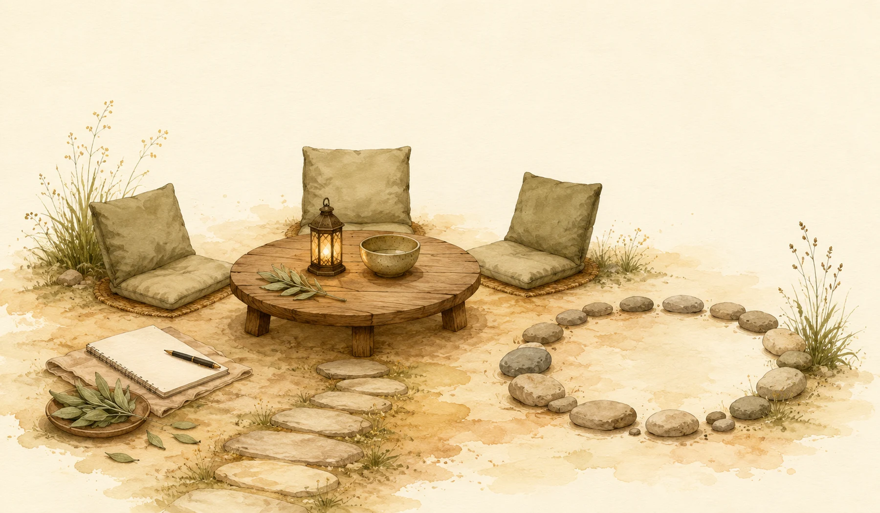Three empty seats around a low table with a lantern, bowl, unfinished stone circle, papers, and a quiet path.