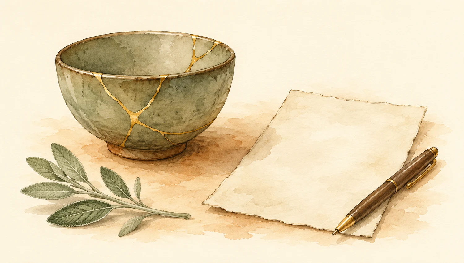 A repaired bowl beside a blank ledger paper, pen, and leaf.