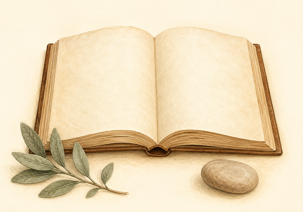 An open blank book with a leaf and small stone.