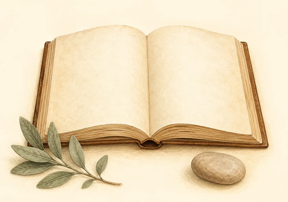 An open blank book with a leaf and small stone.