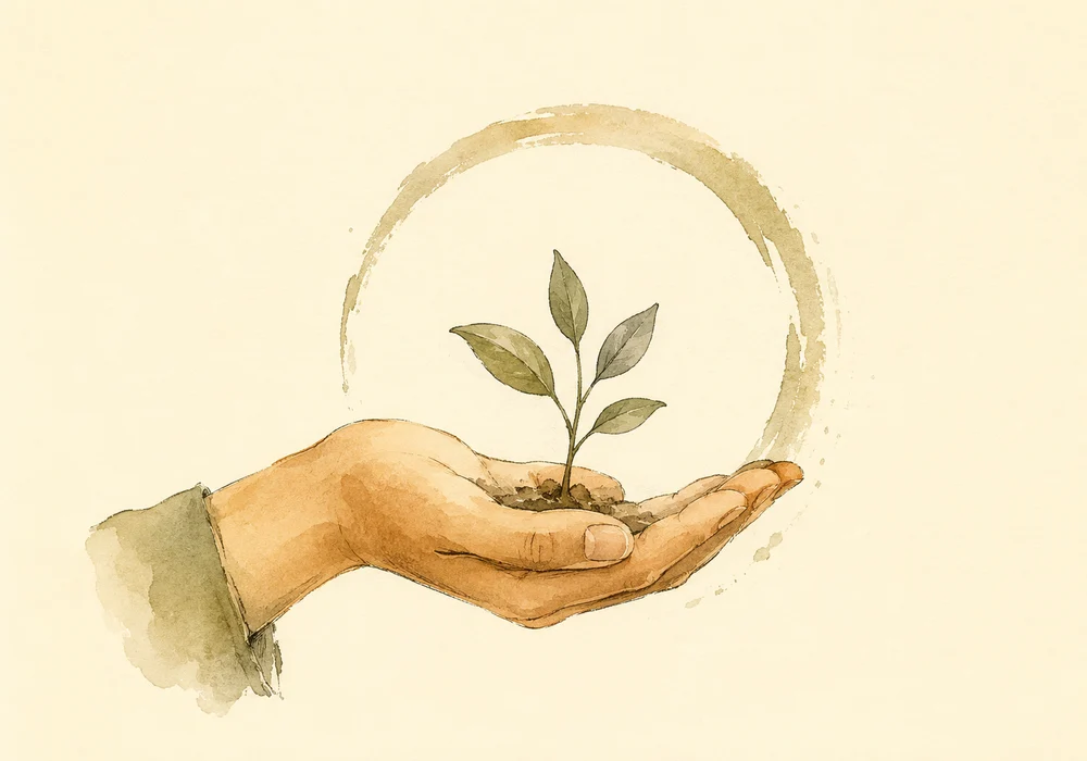 An open hand holding a small leafy sprout.