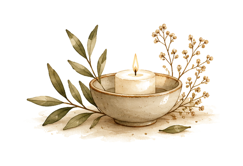 A repaired bowl, plain tokens, a blank ledger sheet, and a leafy sprig.