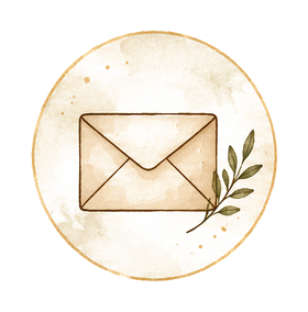 A blank contact form, pen, envelope, and leafy sprig.