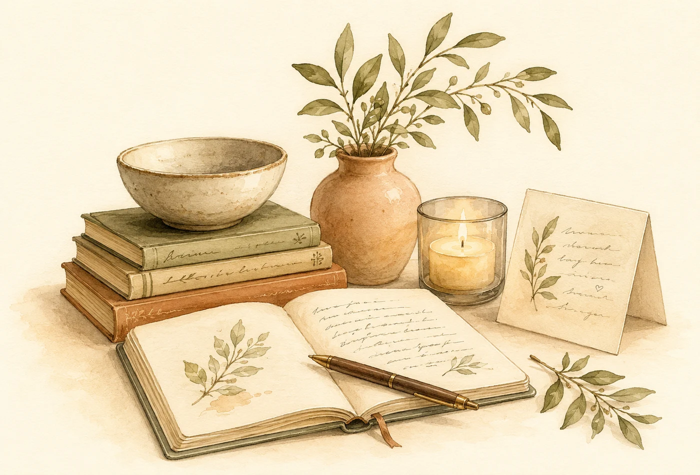 A warm still life with a ceramic bowl, books, candle, notebook, pen, note card, vase, and leafy stems.